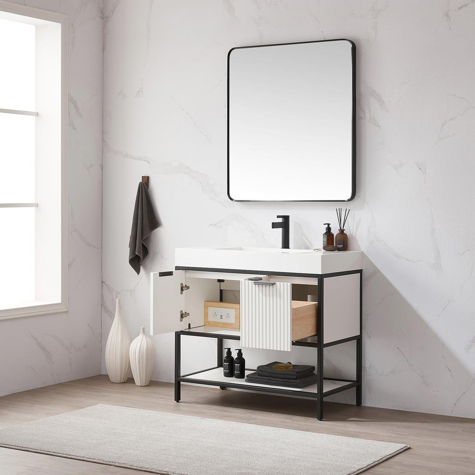 Vinnova Marcilla 36" Single Sink Bath Vanity In White With One-Piece Composite Stone Sink Top And Mirror