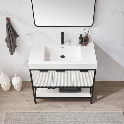 Vinnova Marcilla 36" Single Sink Bath Vanity In White With One-Piece Composite Stone Sink Top And Mirror