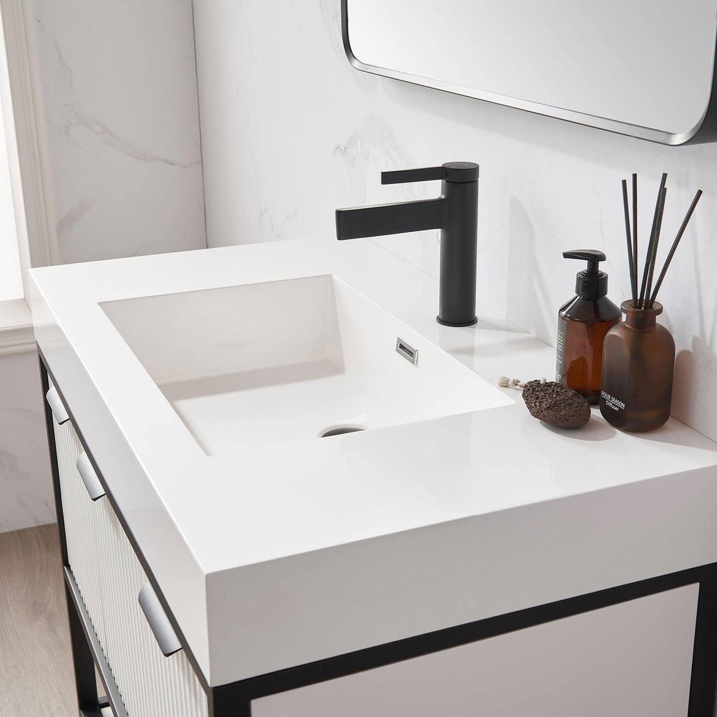 Vinnova Marcilla 36" Single Sink Bath Vanity In White With One-Piece Composite Stone Sink Top And Mirror