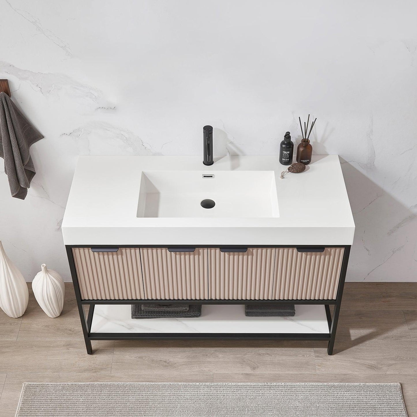 Vinnova Marcilla 48" Single Sink Bath Vanity In Almond Coffee With One-Piece Composite Stone Sink Top