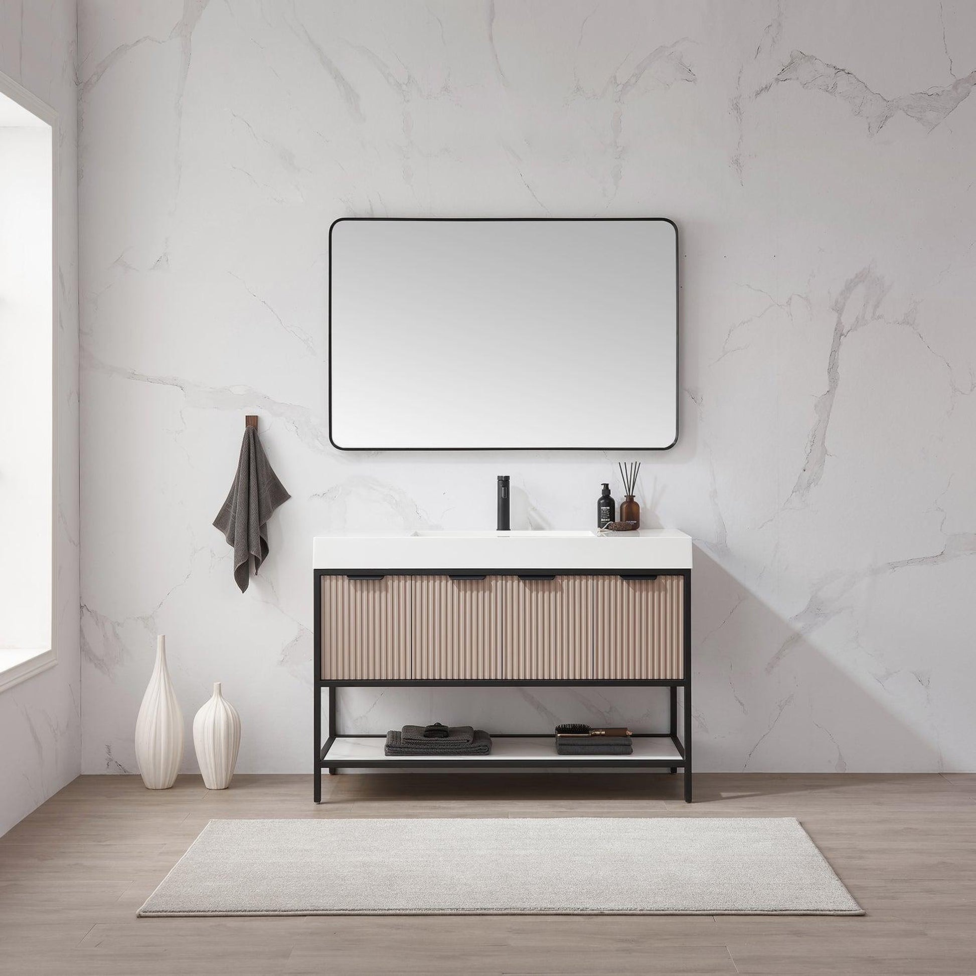 Vinnova Marcilla 48" Single Sink Bath Vanity In Almond Coffee With One-Piece Composite Stone Sink Top And Mirror