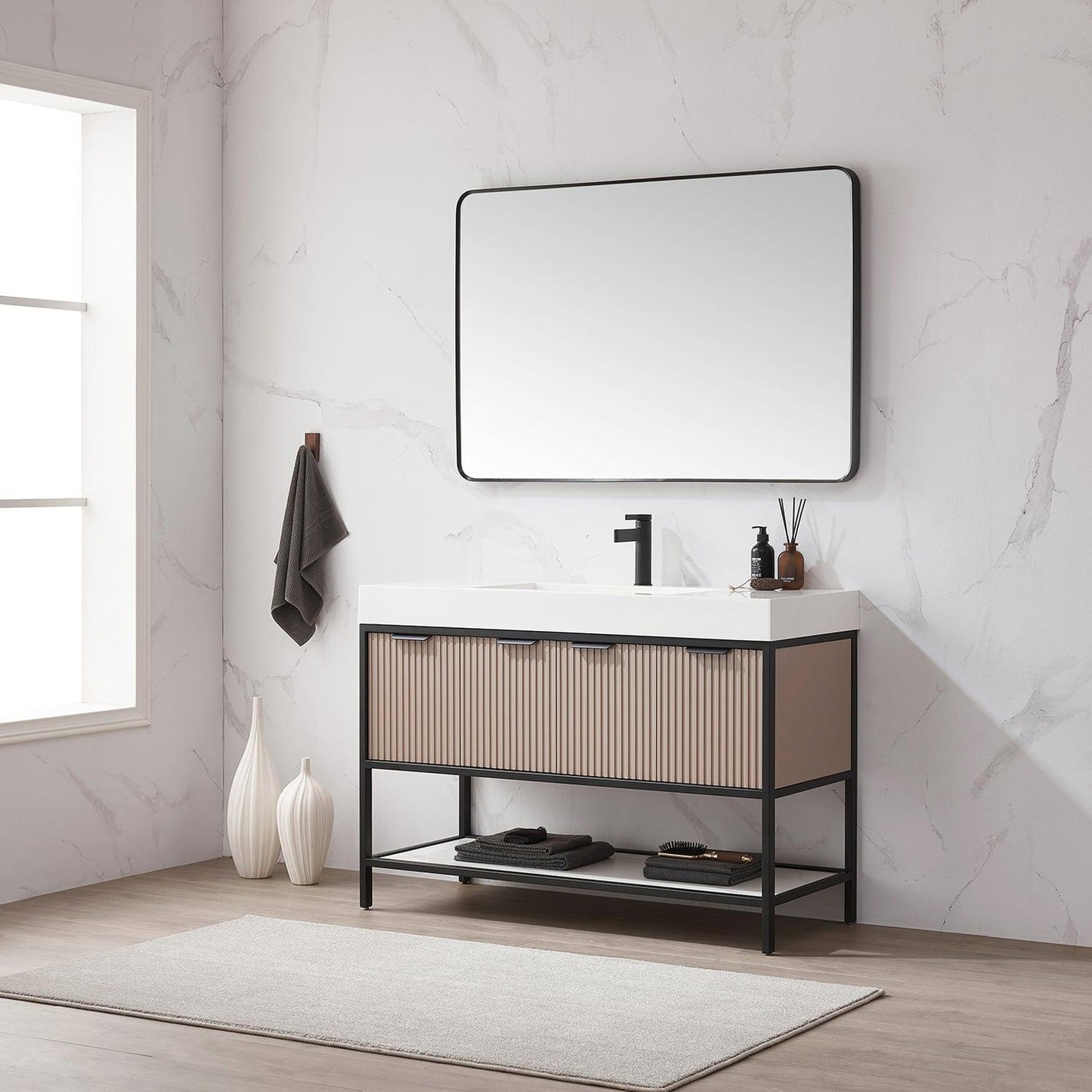 Vinnova Marcilla 48" Single Sink Bath Vanity In Almond Coffee With One-Piece Composite Stone Sink Top And Mirror