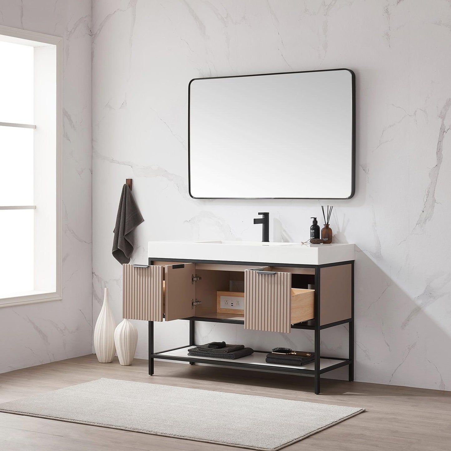 Vinnova Marcilla 48" Single Sink Bath Vanity In Almond Coffee With One-Piece Composite Stone Sink Top And Mirror