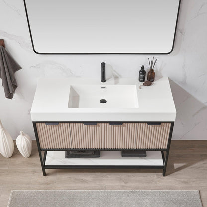 Vinnova Marcilla 48" Single Sink Bath Vanity In Almond Coffee With One-Piece Composite Stone Sink Top And Mirror