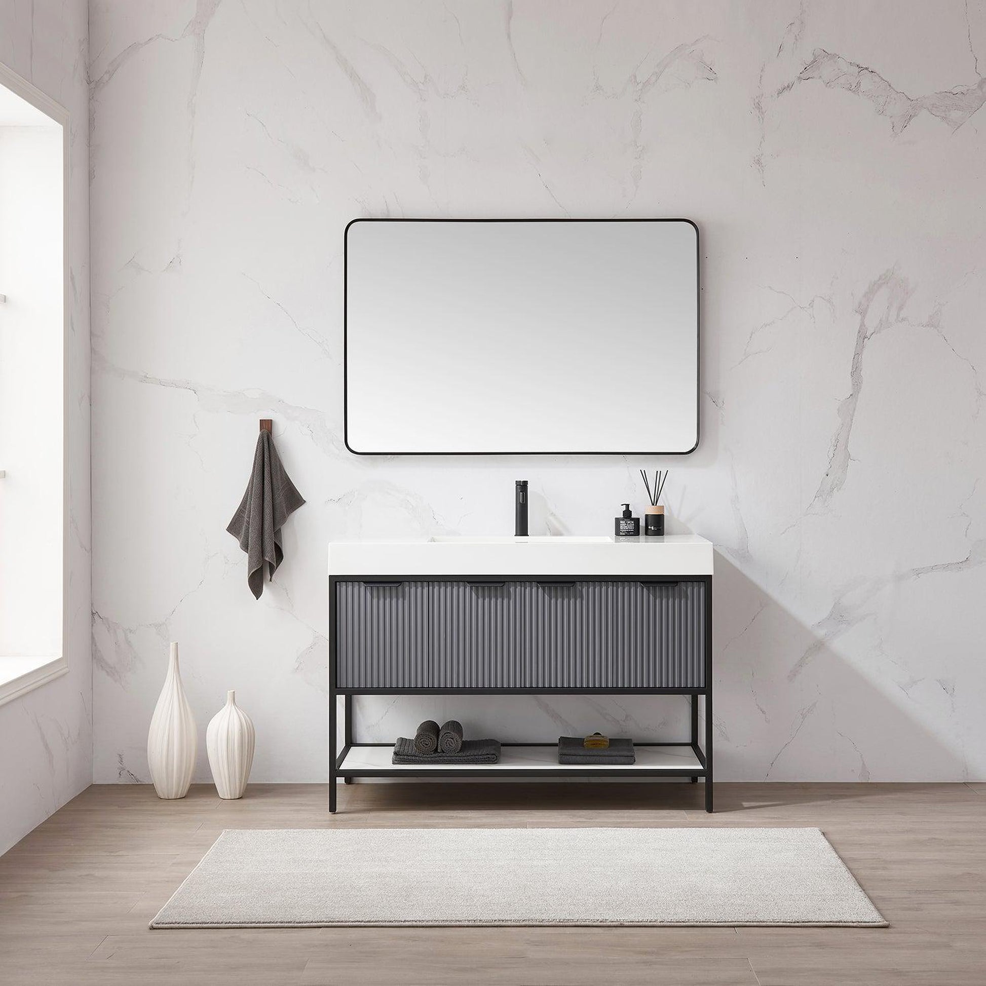 Vinnova Marcilla 48" Single Sink Bath Vanity In Grey With One-Piece Composite Stone Sink Top And Mirror