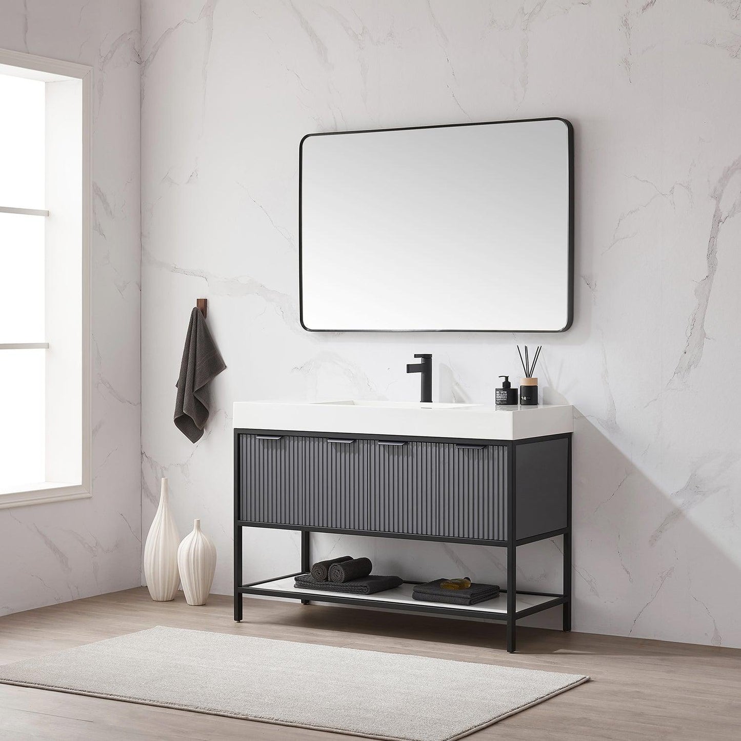 Vinnova Marcilla 48" Single Sink Bath Vanity In Grey With One-Piece Composite Stone Sink Top And Mirror