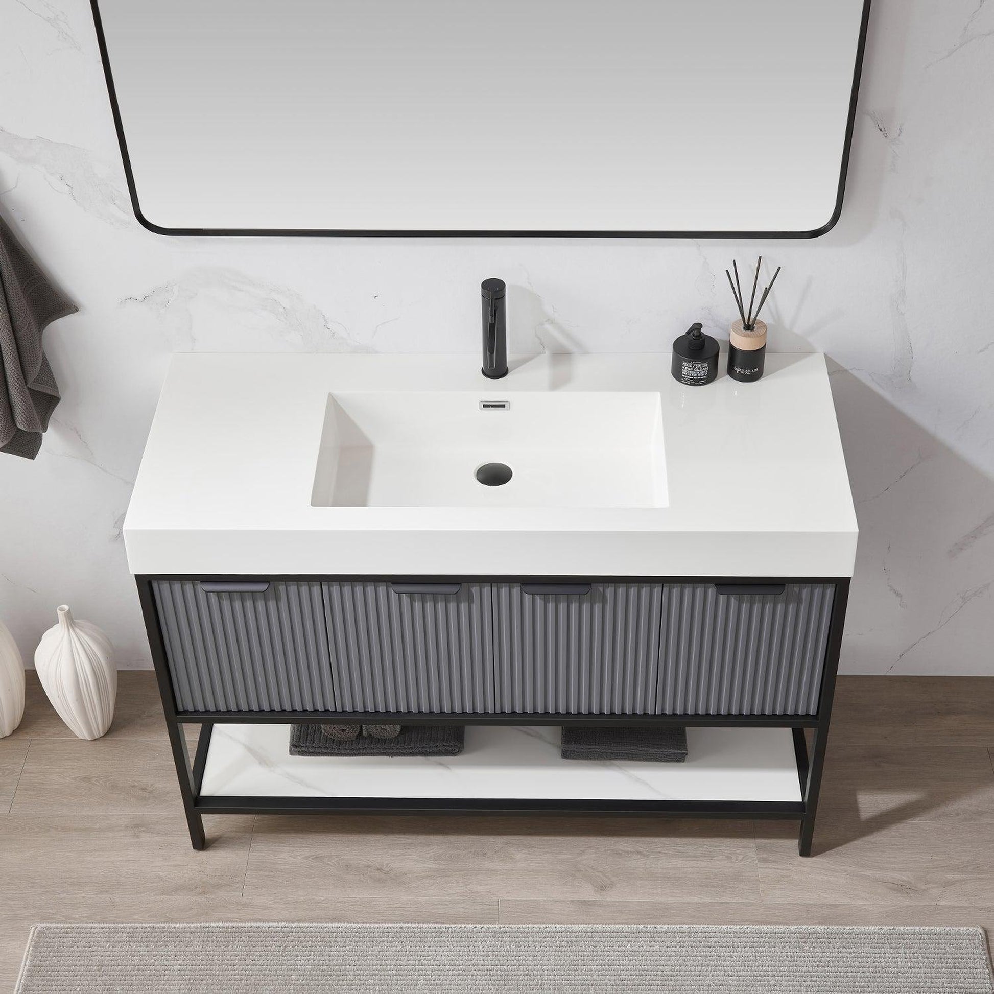 Vinnova Marcilla 48" Single Sink Bath Vanity In Grey With One-Piece Composite Stone Sink Top And Mirror