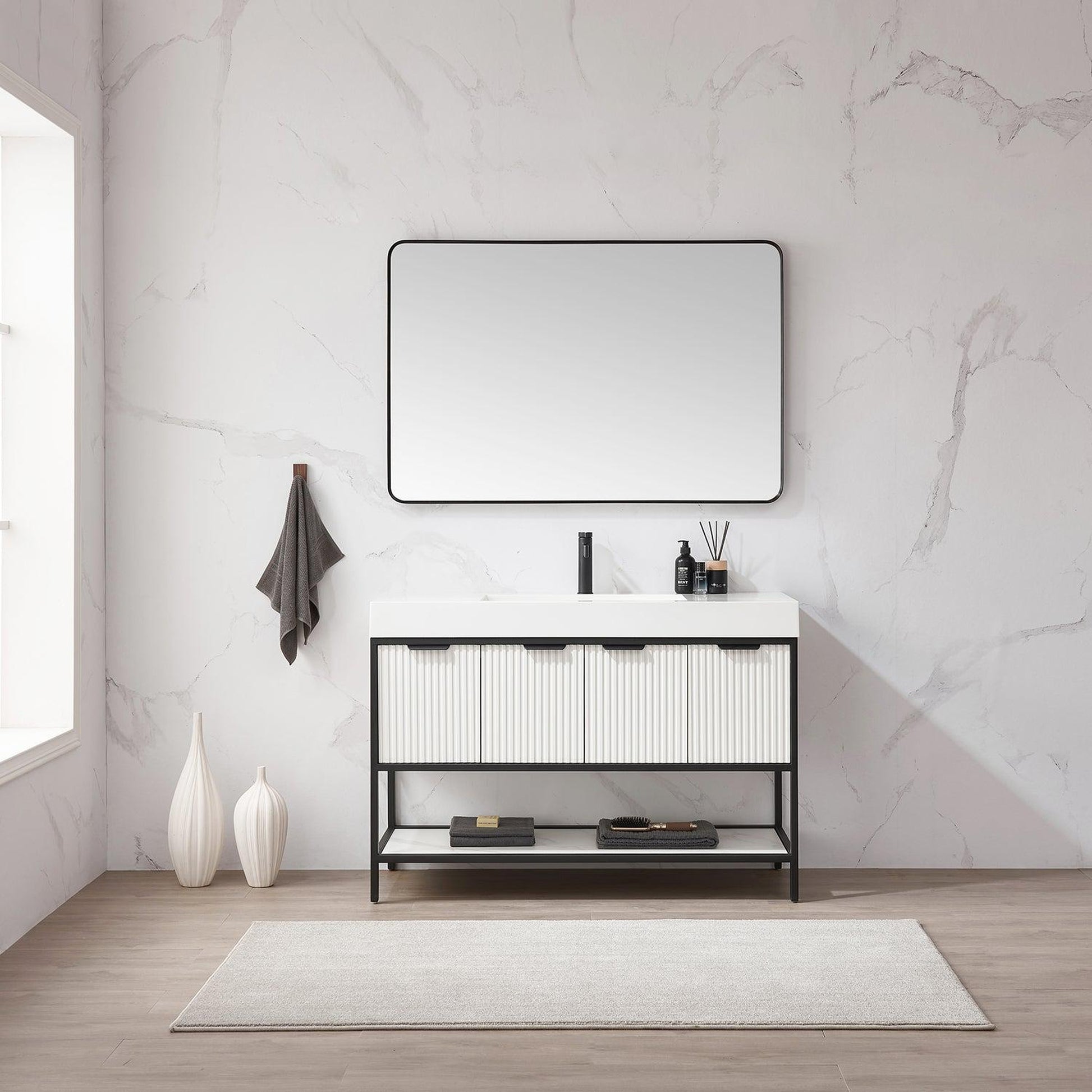 Vinnova Marcilla 48" Single Sink Bath Vanity In White With One-Piece Composite Stone Sink Top And Mirror