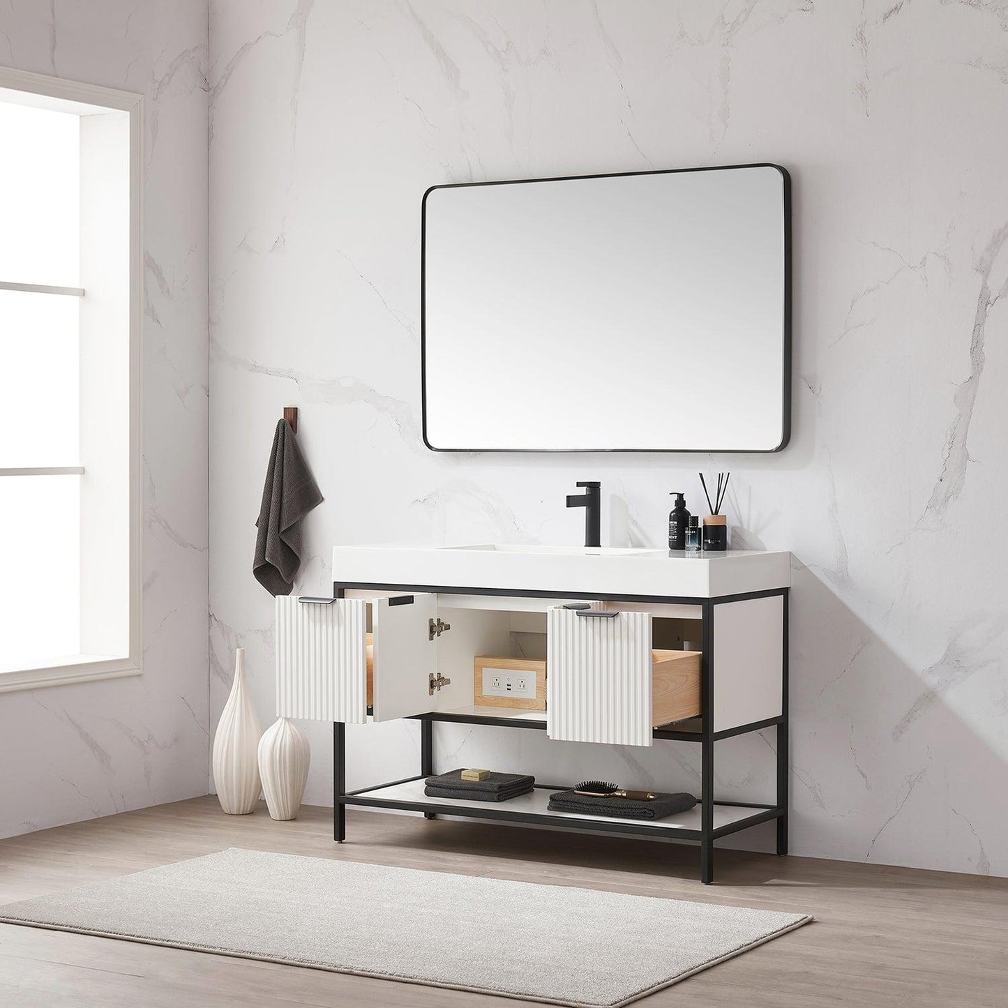 Vinnova Marcilla 48" Single Sink Bath Vanity In White With One-Piece Composite Stone Sink Top And Mirror