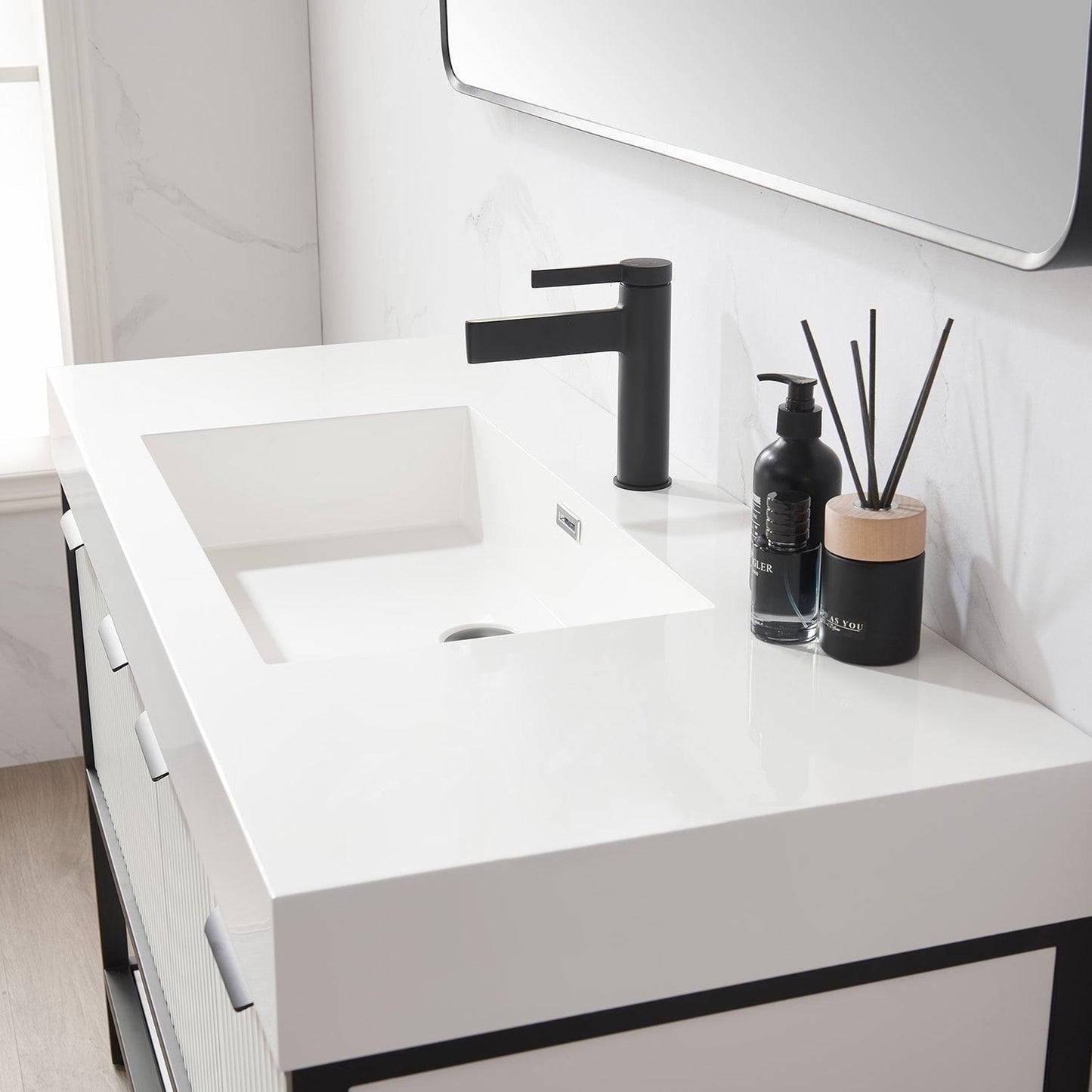 Vinnova Marcilla 48" Single Sink Bath Vanity In White With One-Piece Composite Stone Sink Top And Mirror