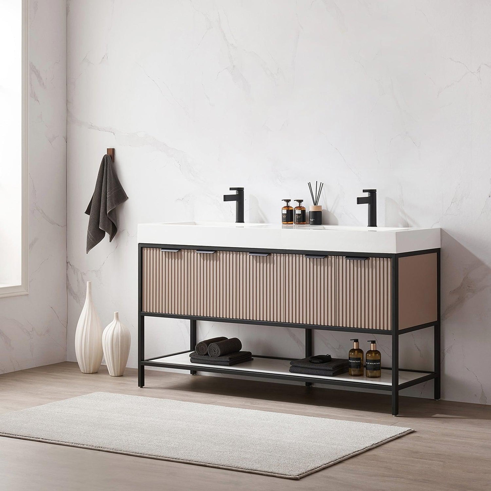 Vinnova Marcilla 60" Double Sink Bath Vanity In Almond Coffee With One-Piece Composite Stone Sink Top