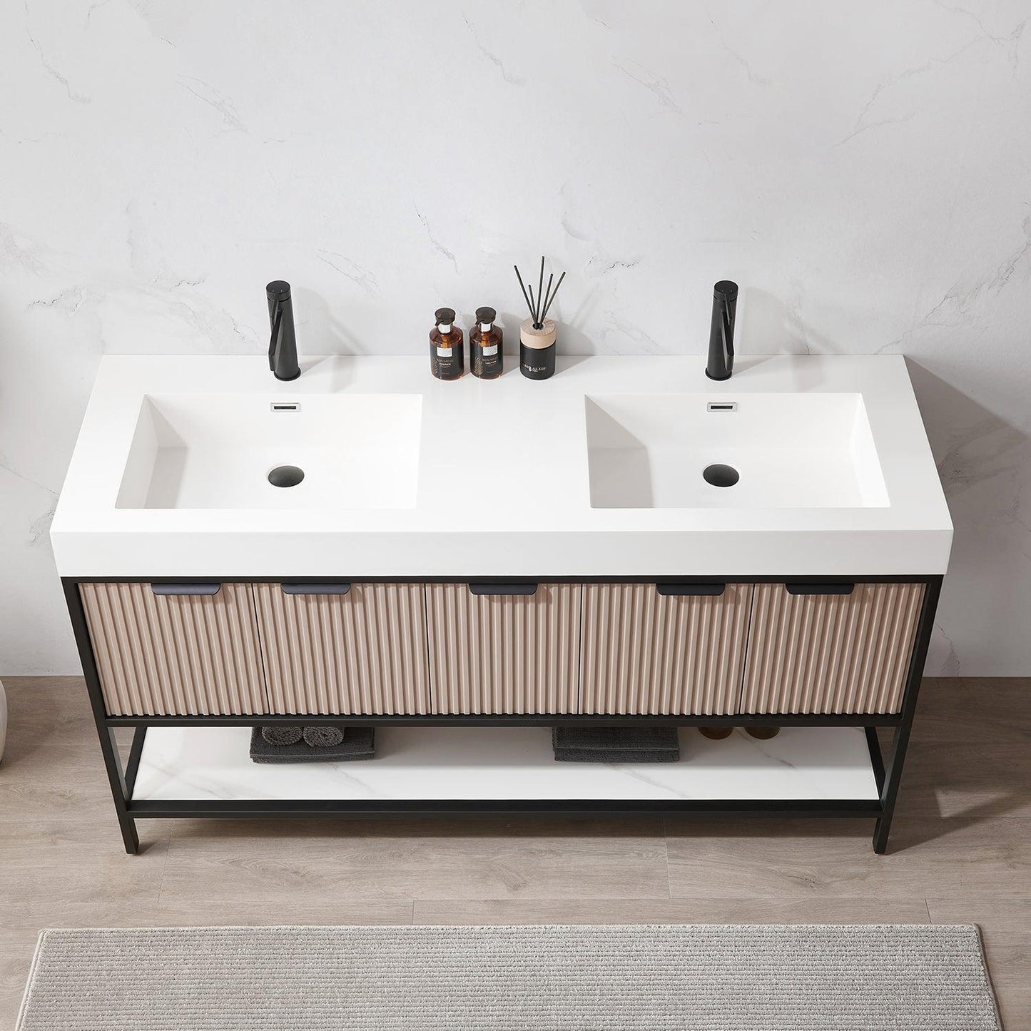 Vinnova Marcilla 60" Double Sink Bath Vanity In Almond Coffee With One-Piece Composite Stone Sink Top