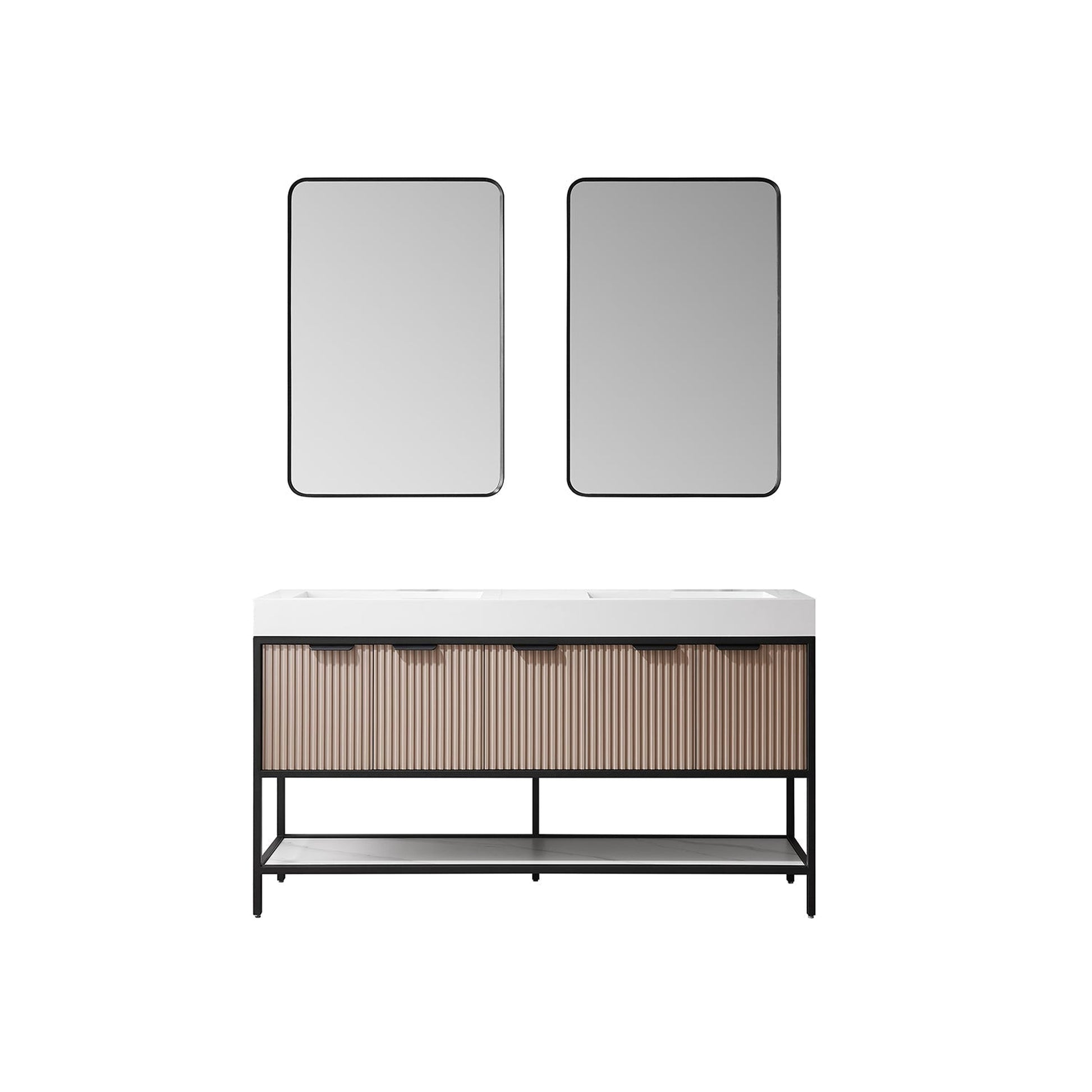 Vinnova Marcilla 60" Double Sink Bath Vanity In Almond Coffee With One-Piece Composite Stone Sink Top And Mirror