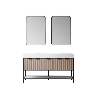 Vinnova Marcilla 60" Double Sink Bath Vanity In Almond Coffee With One-Piece Composite Stone Sink Top And Mirror