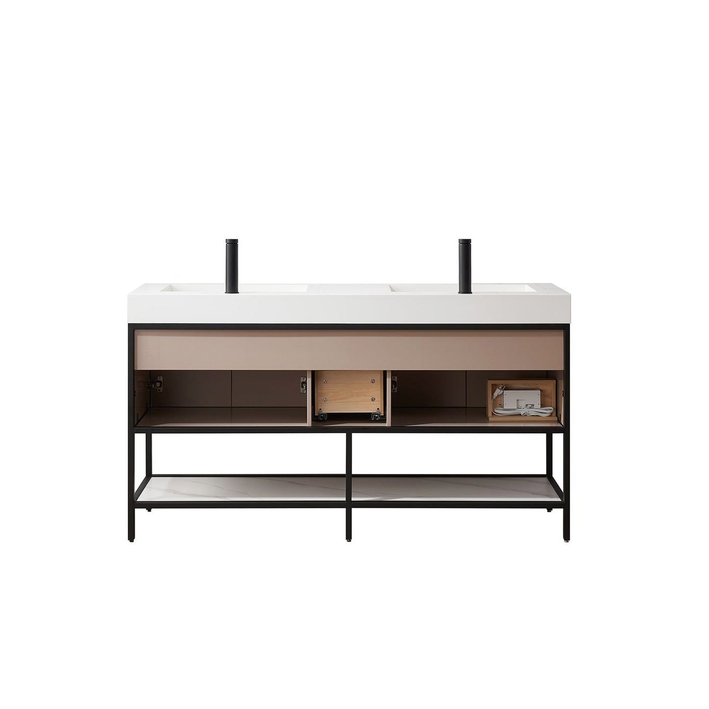 Vinnova Marcilla 60" Double Sink Bath Vanity In Almond Coffee With One-Piece Composite Stone Sink Top And Mirror