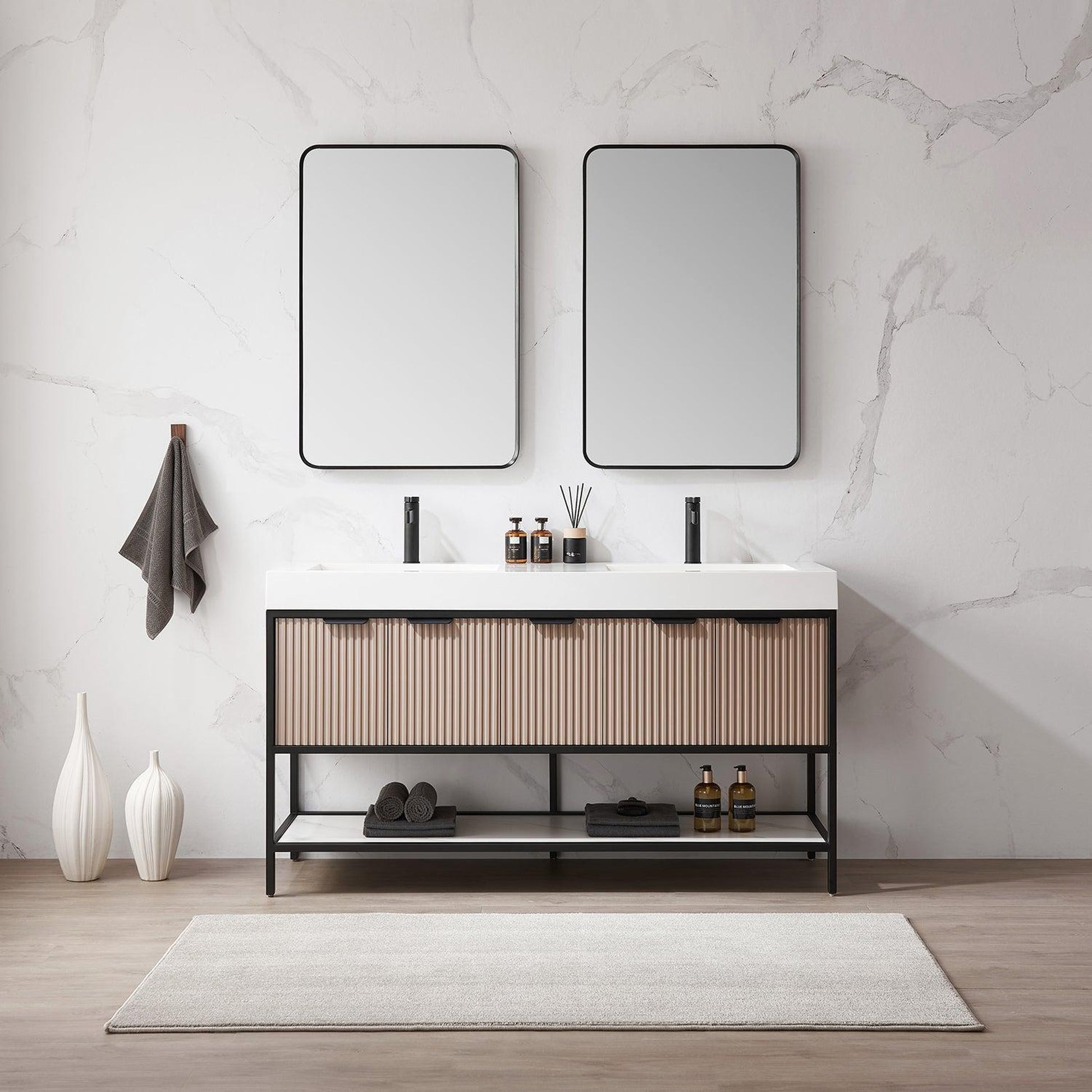 Vinnova Marcilla 60" Double Sink Bath Vanity In Almond Coffee With One-Piece Composite Stone Sink Top And Mirror