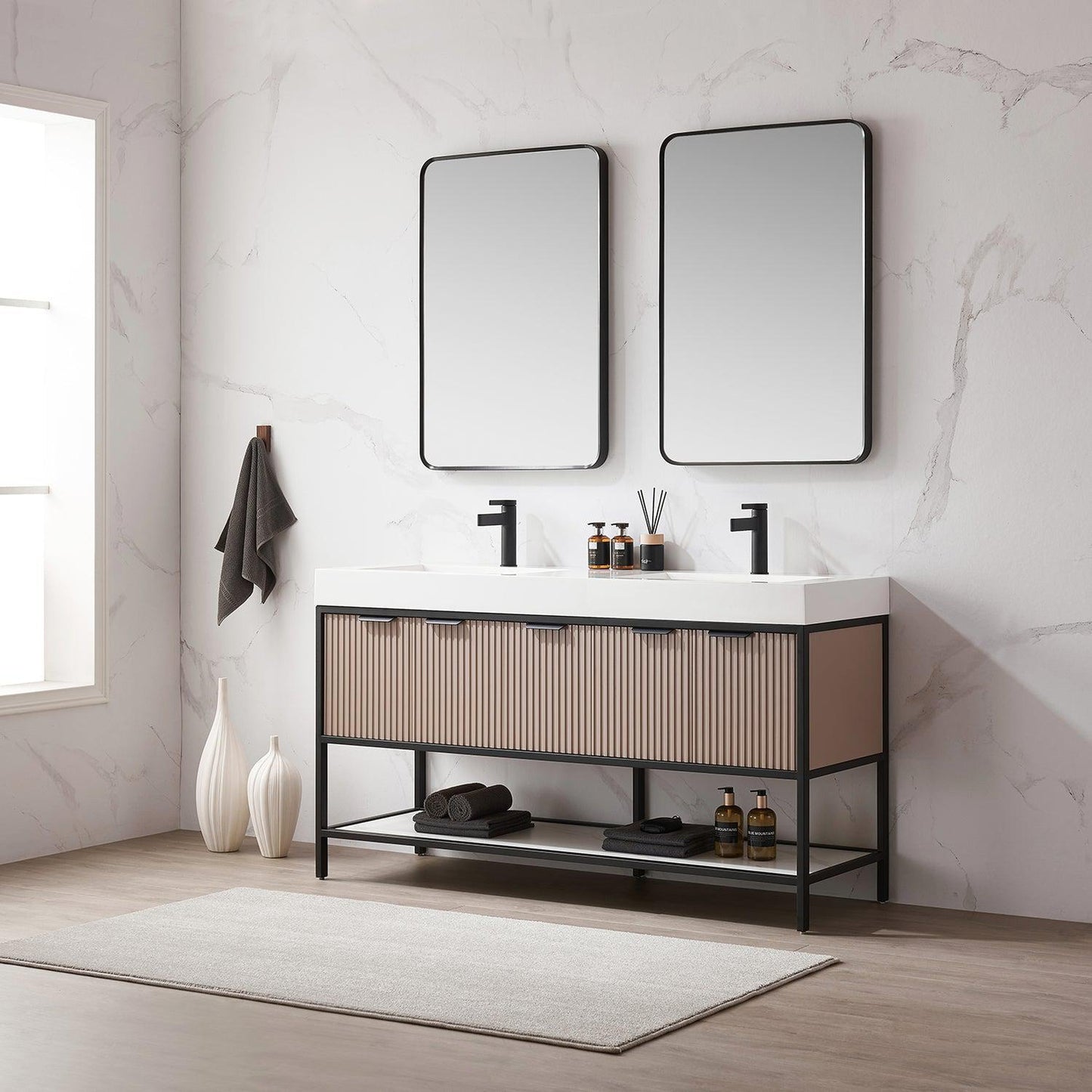 Vinnova Marcilla 60" Double Sink Bath Vanity In Almond Coffee With One-Piece Composite Stone Sink Top And Mirror