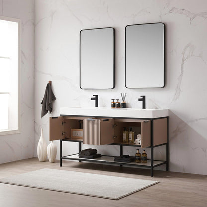 Vinnova Marcilla 60" Double Sink Bath Vanity In Almond Coffee With One-Piece Composite Stone Sink Top And Mirror