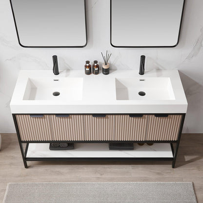 Vinnova Marcilla 60" Double Sink Bath Vanity In Almond Coffee With One-Piece Composite Stone Sink Top And Mirror