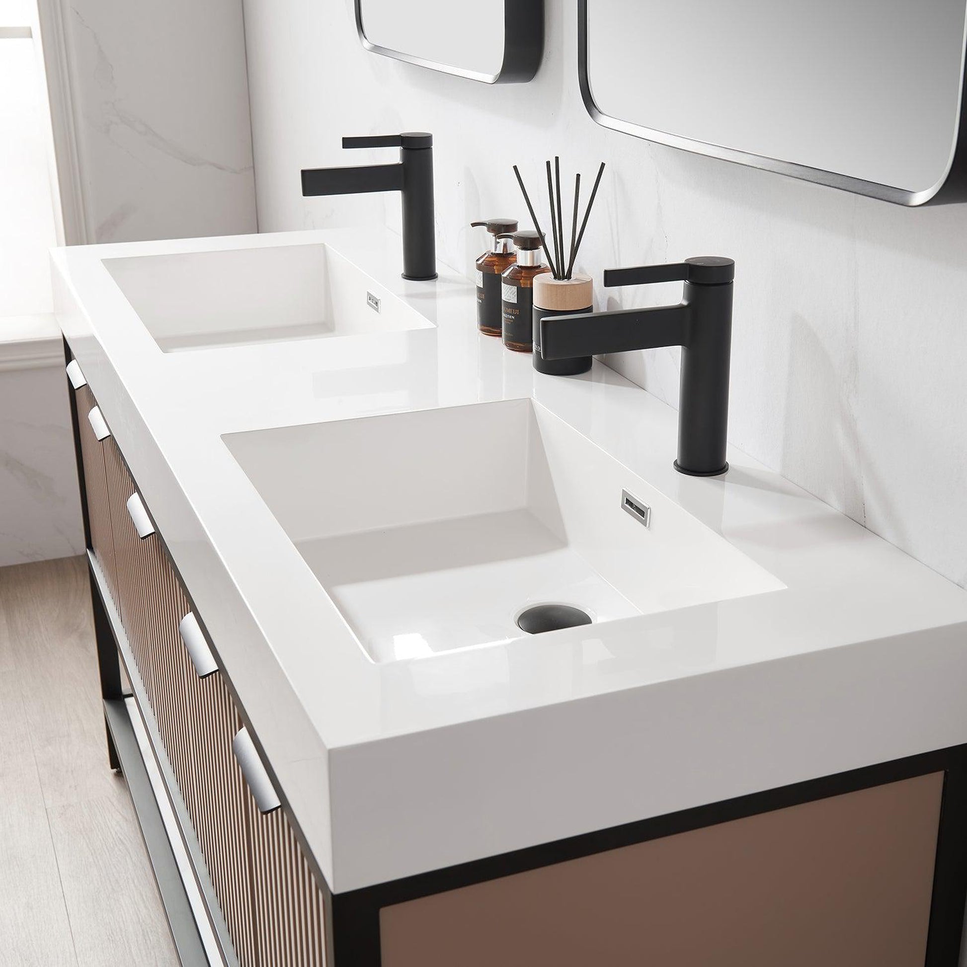 Vinnova Marcilla 60" Double Sink Bath Vanity In Almond Coffee With One-Piece Composite Stone Sink Top And Mirror