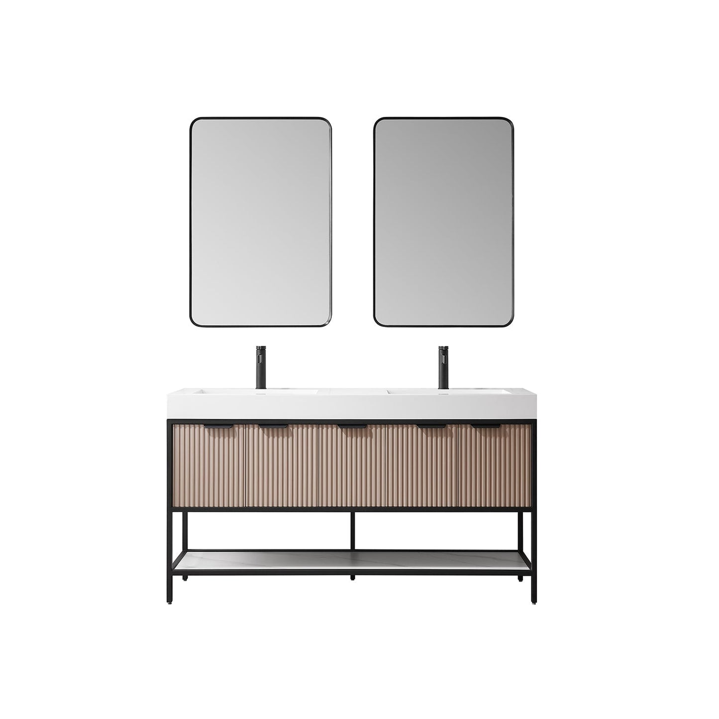 Vinnova Marcilla 60" Double Sink Bath Vanity In Almond Coffee With One-Piece Composite Stone Sink Top And Mirror