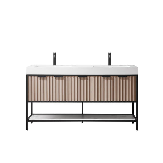 Vinnova Marcilla 60" Double Sink Bath Vanity In Almond Coffee With One-Piece Composite Stone Sink Top
