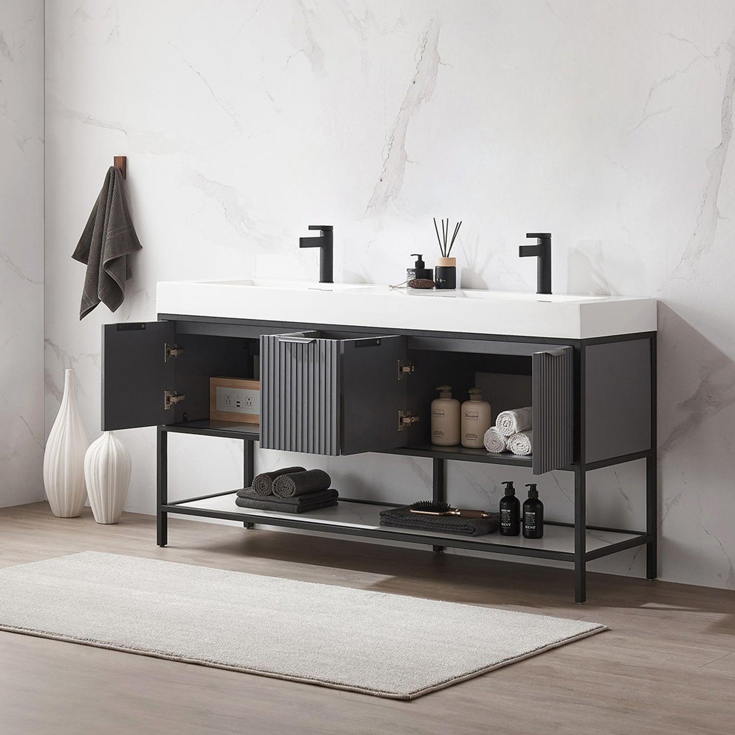 Vinnova Marcilla 60" Double Sink Bath Vanity In Grey With One-Piece Composite Stone Sink Top