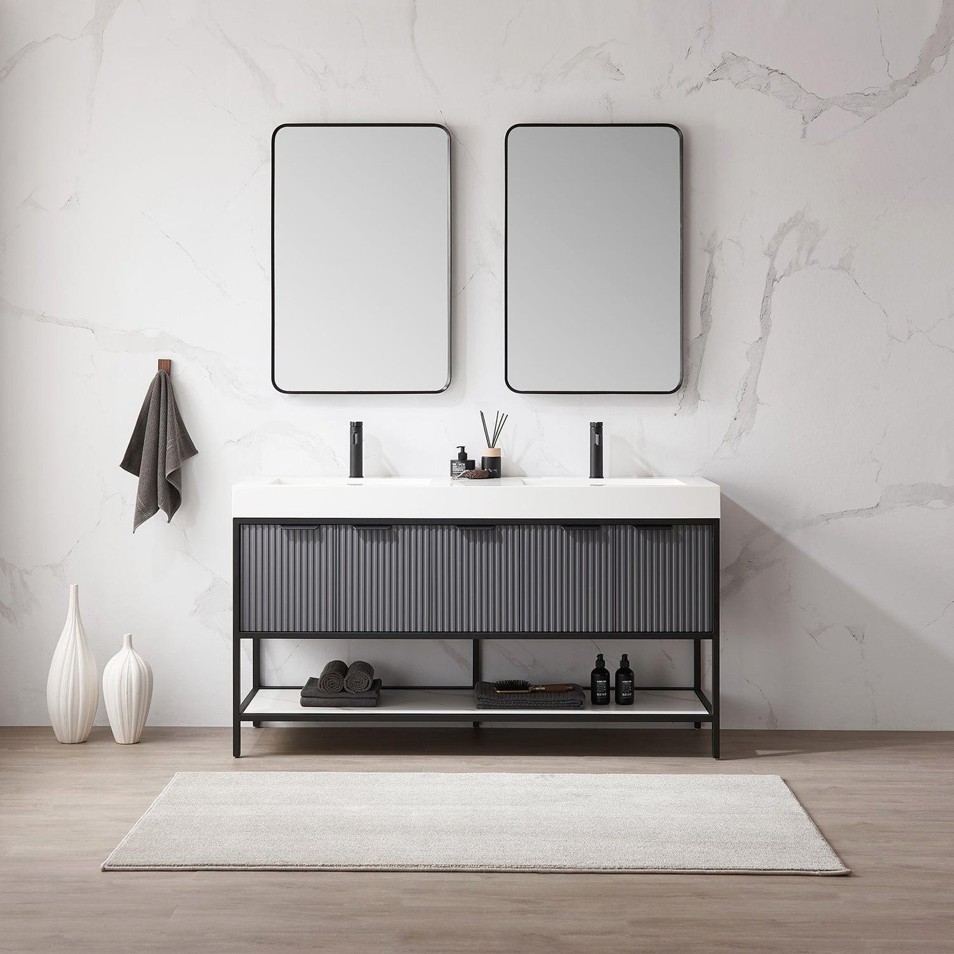Vinnova Marcilla 60" Double Sink Bath Vanity In Grey With One-Piece Composite Stone Sink Top And Mirror