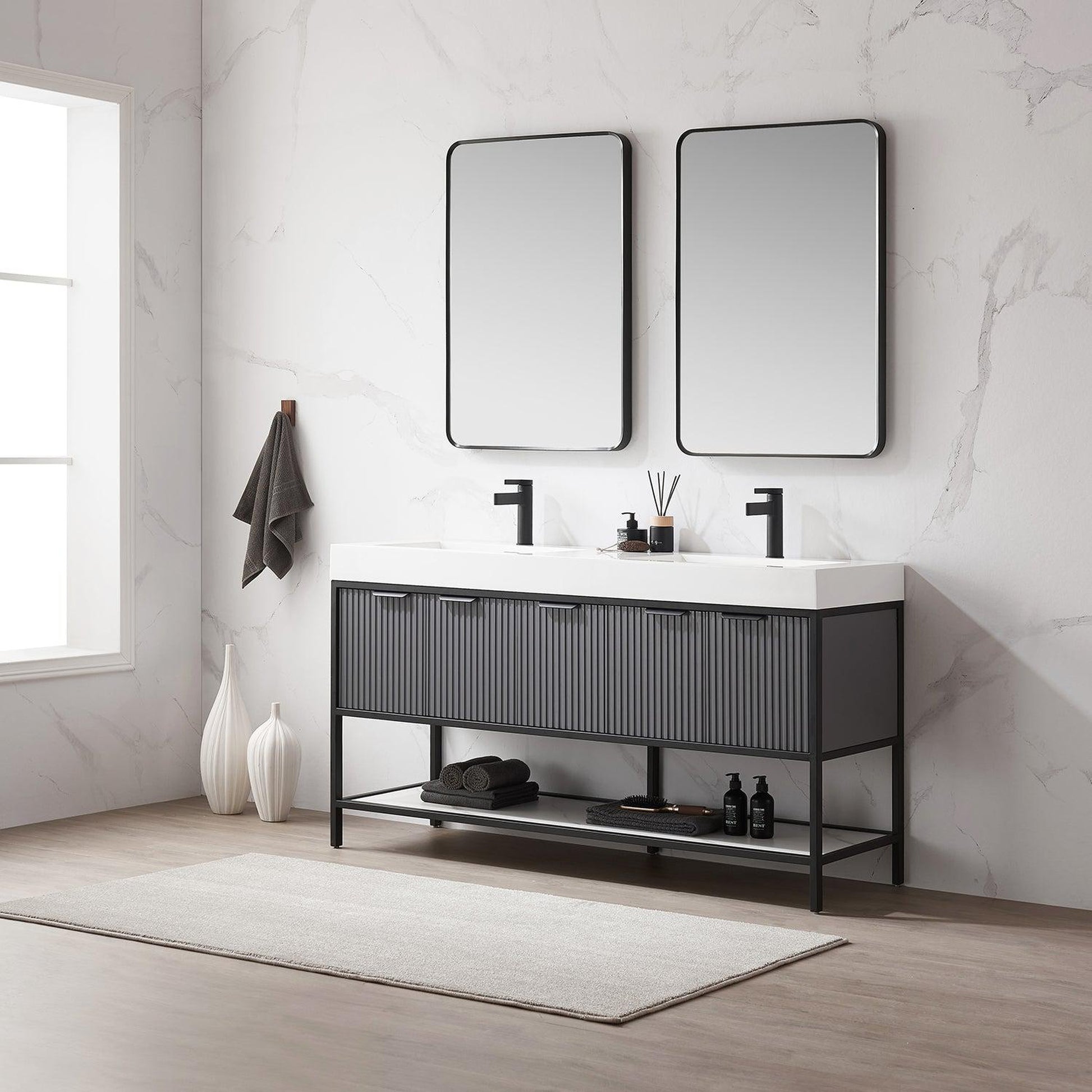 Vinnova Marcilla 60" Double Sink Bath Vanity In Grey With One-Piece Composite Stone Sink Top And Mirror