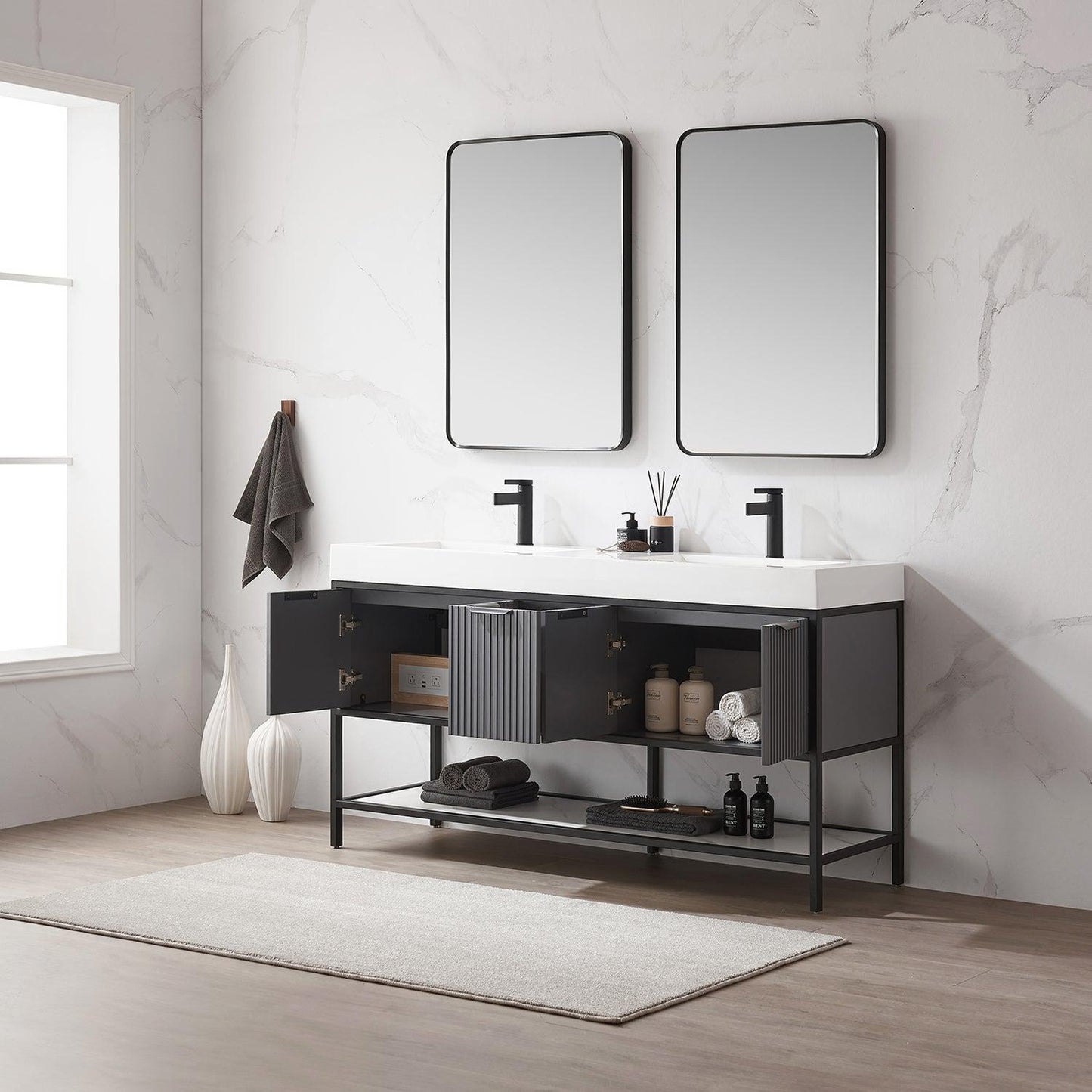 Vinnova Marcilla 60" Double Sink Bath Vanity In Grey With One-Piece Composite Stone Sink Top And Mirror