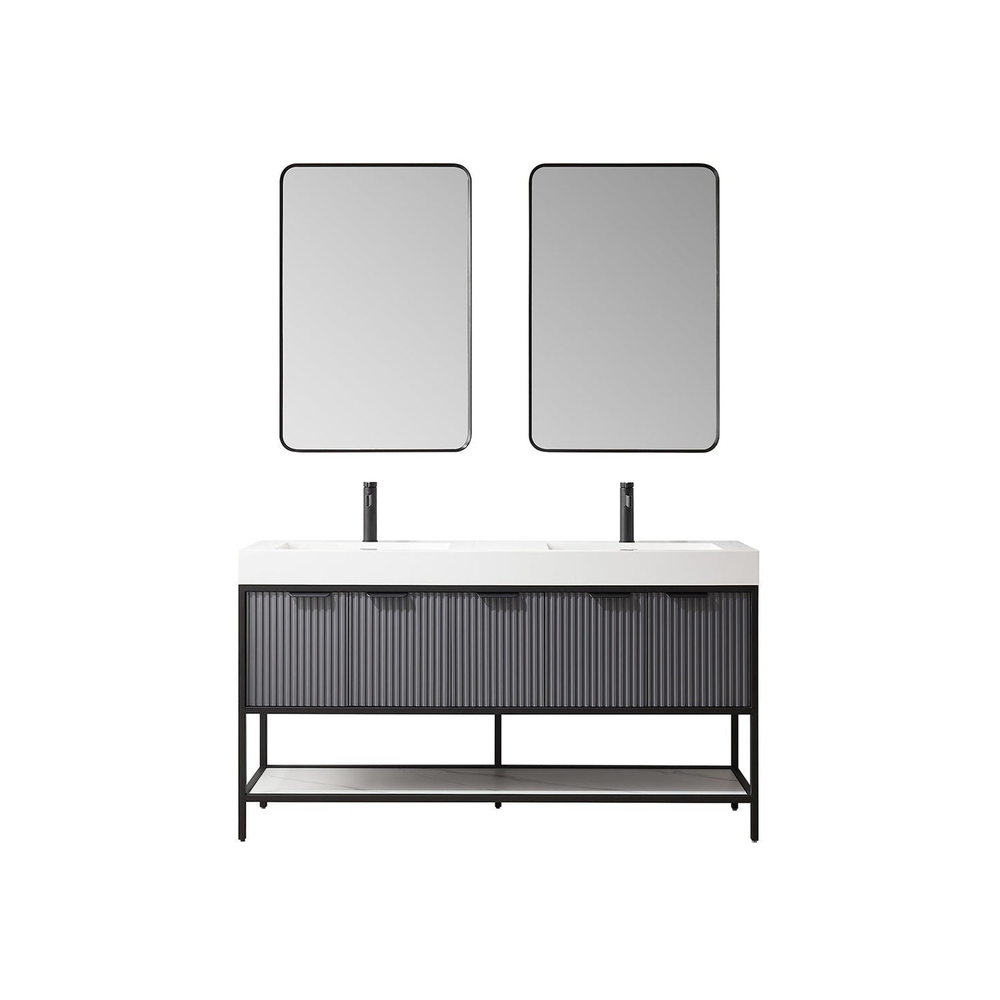 Vinnova Marcilla 60" Double Sink Bath Vanity In Grey With One-Piece Composite Stone Sink Top And Mirror