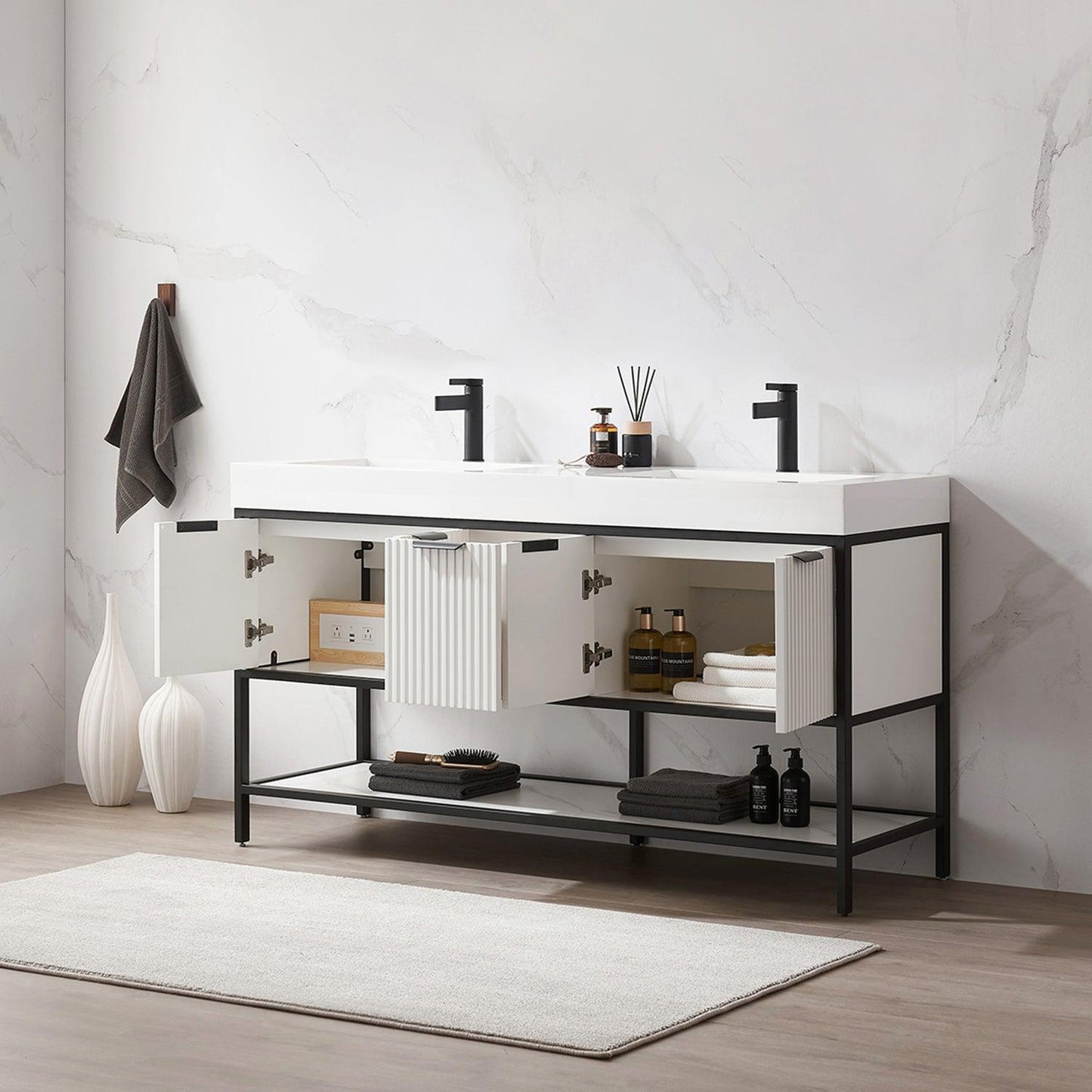 Vinnova Marcilla 60" Double Sink Bath Vanity In White With One-Piece Composite Stone Sink Top