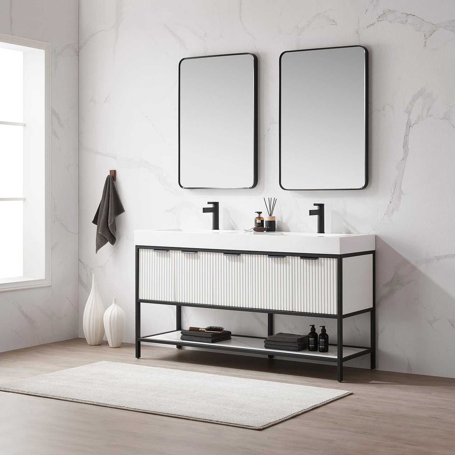 Vinnova Marcilla 60" Double Sink Bath Vanity In White With One-Piece Composite Stone Sink Top And Mirror