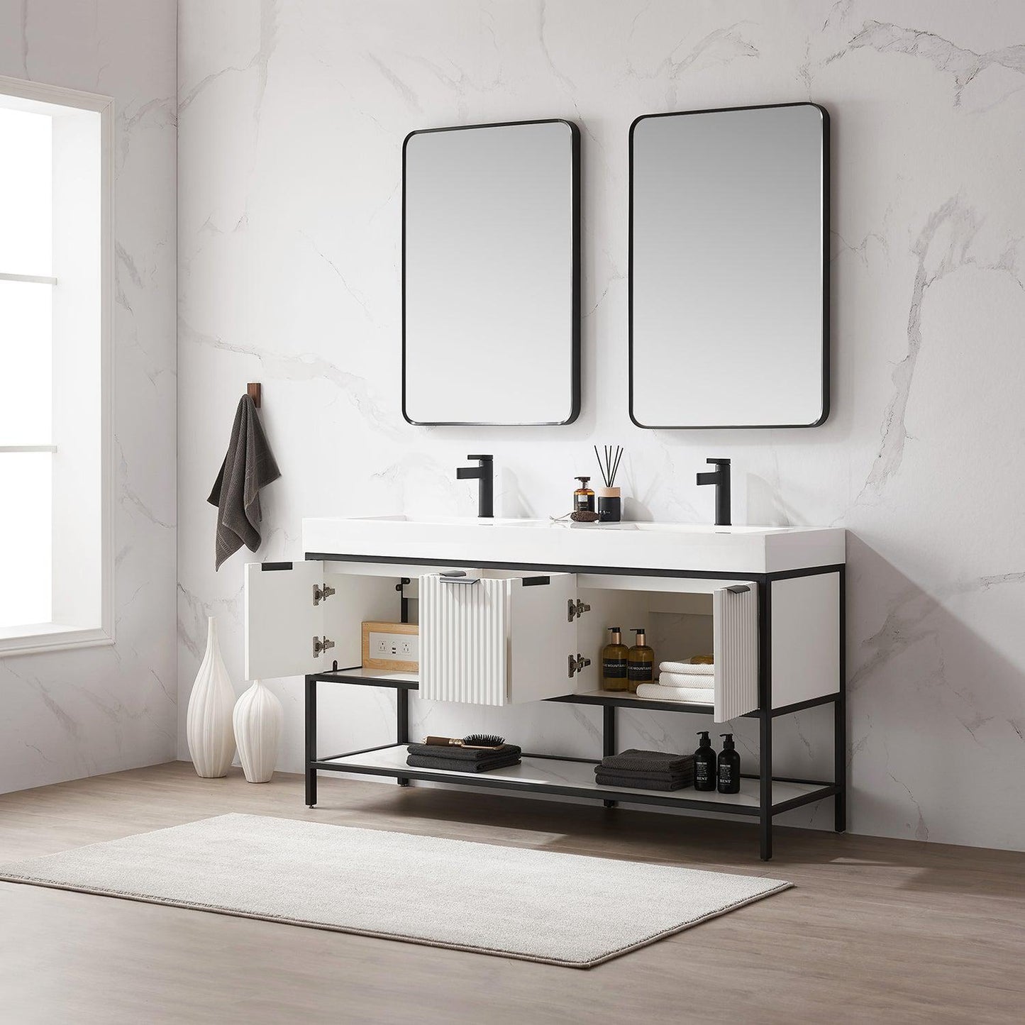 Vinnova Marcilla 60" Double Sink Bath Vanity In White With One-Piece Composite Stone Sink Top And Mirror