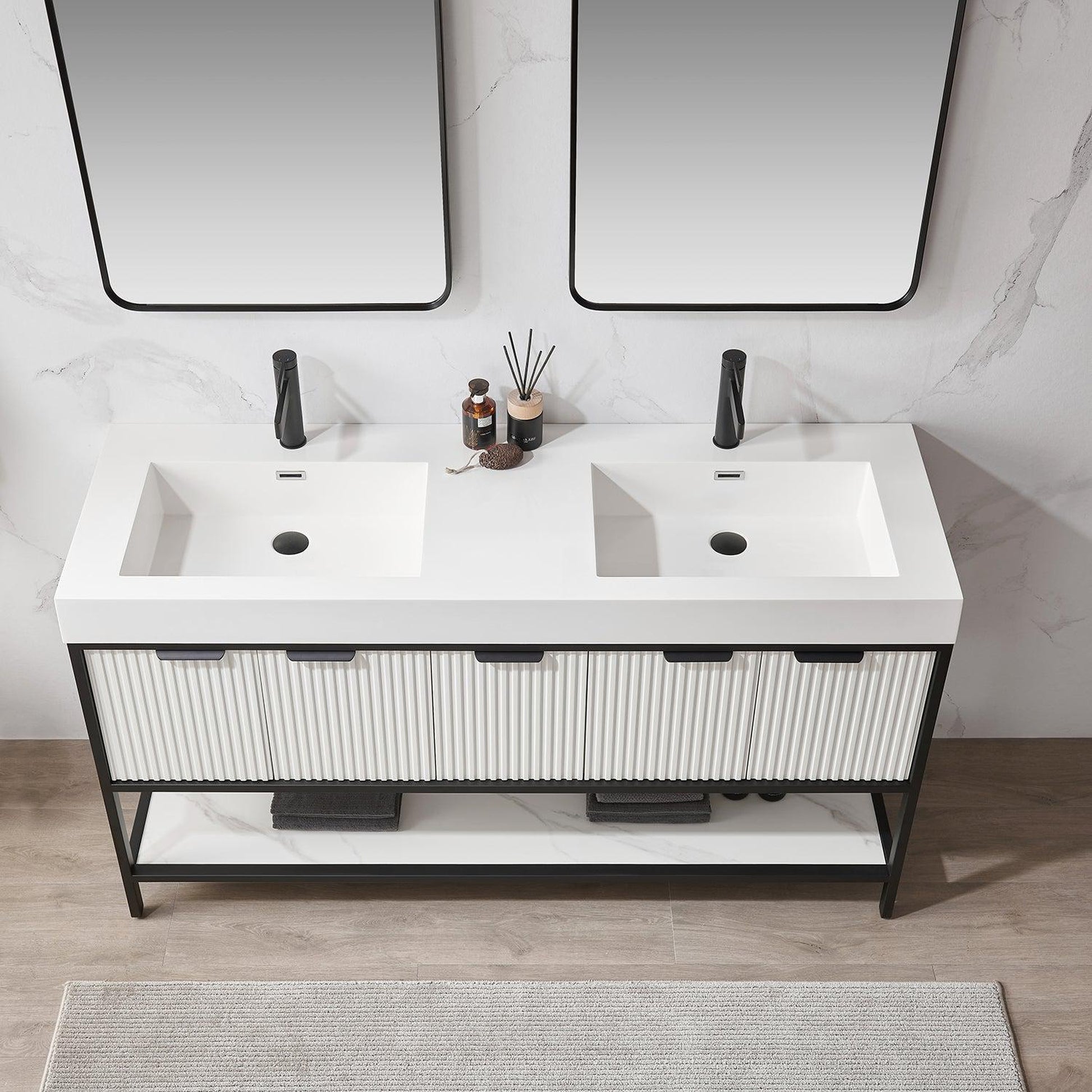Vinnova Marcilla 60" Double Sink Bath Vanity In White With One-Piece Composite Stone Sink Top And Mirror