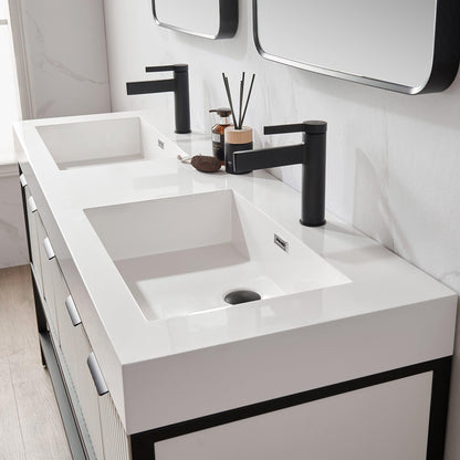 Vinnova Marcilla 60" Double Sink Bath Vanity In White With One-Piece Composite Stone Sink Top And Mirror