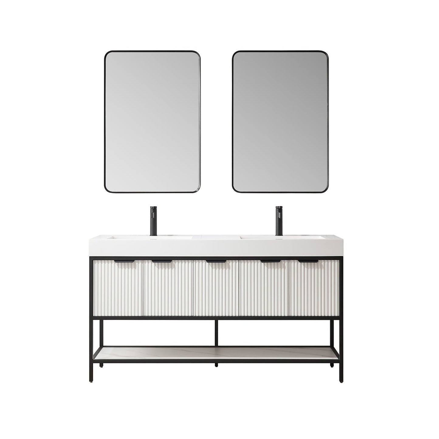 Vinnova Marcilla 60" Double Sink Bath Vanity In White With One-Piece Composite Stone Sink Top And Mirror