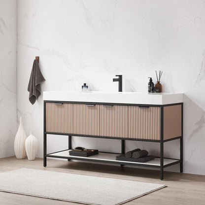Vinnova Marcilla 60" Single Sink Bath Vanity In Almond Coffee With One-Piece Composite Stone Sink Top