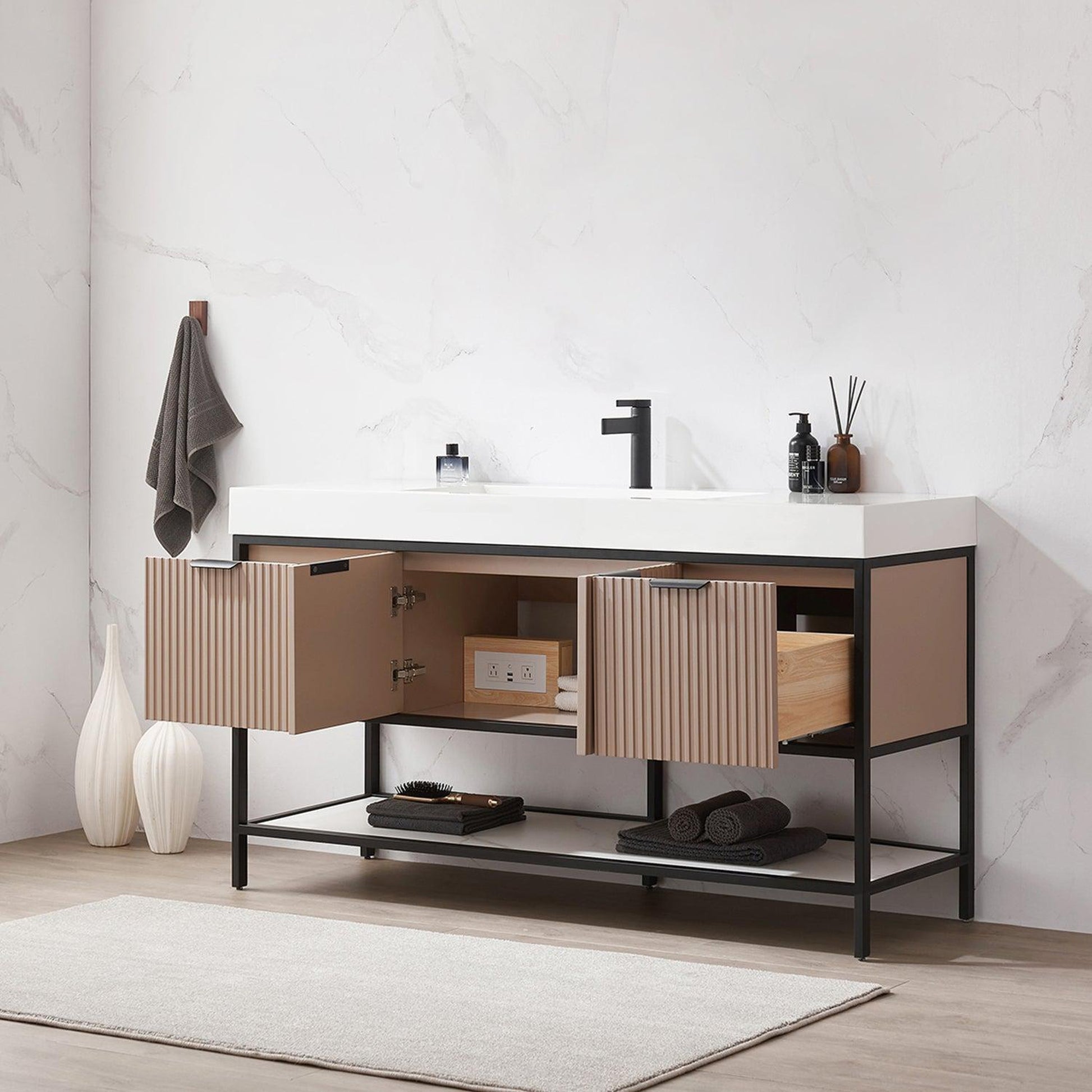 Vinnova Marcilla 60" Single Sink Bath Vanity In Almond Coffee With One-Piece Composite Stone Sink Top