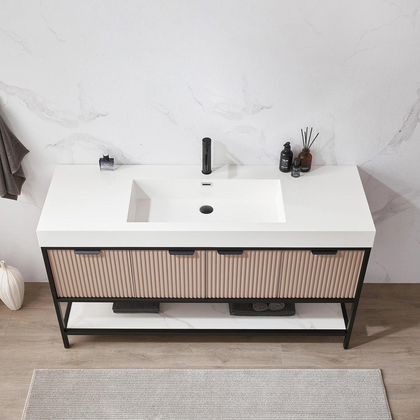 Vinnova Marcilla 60" Single Sink Bath Vanity In Almond Coffee With One-Piece Composite Stone Sink Top