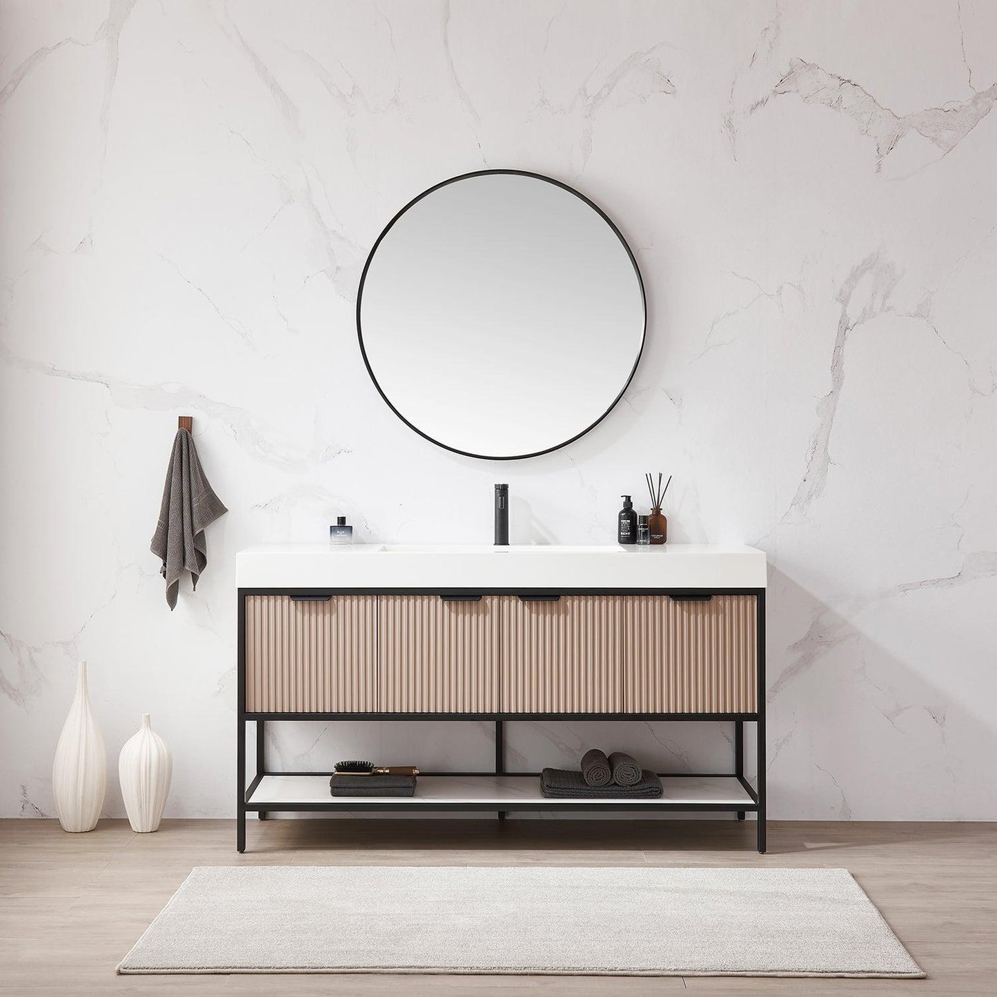 Vinnova Marcilla 60" Single Sink Bath Vanity In Almond Coffee With One-Piece Composite Stone Sink Top And Mirror