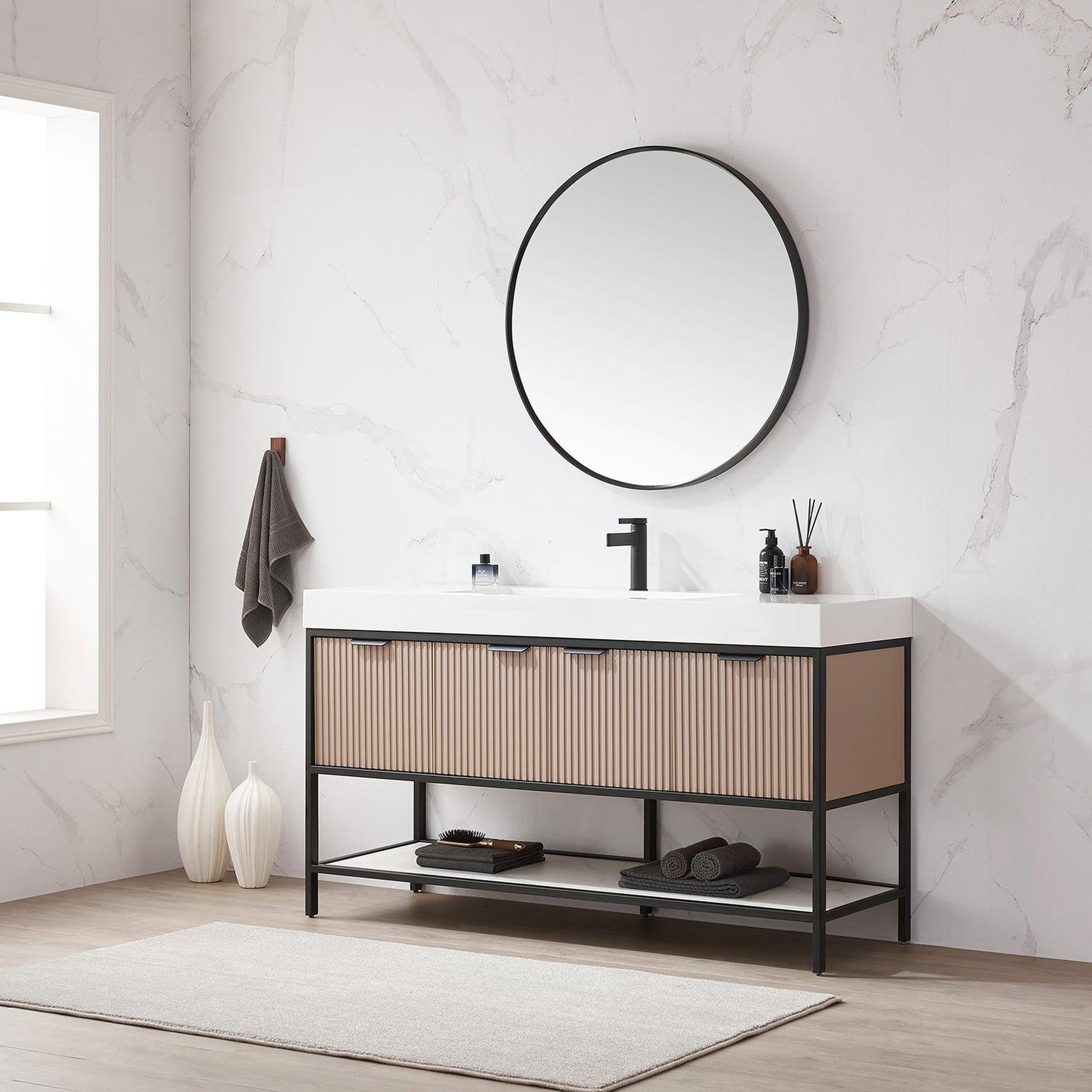 Vinnova Marcilla 60" Single Sink Bath Vanity In Almond Coffee With One-Piece Composite Stone Sink Top And Mirror