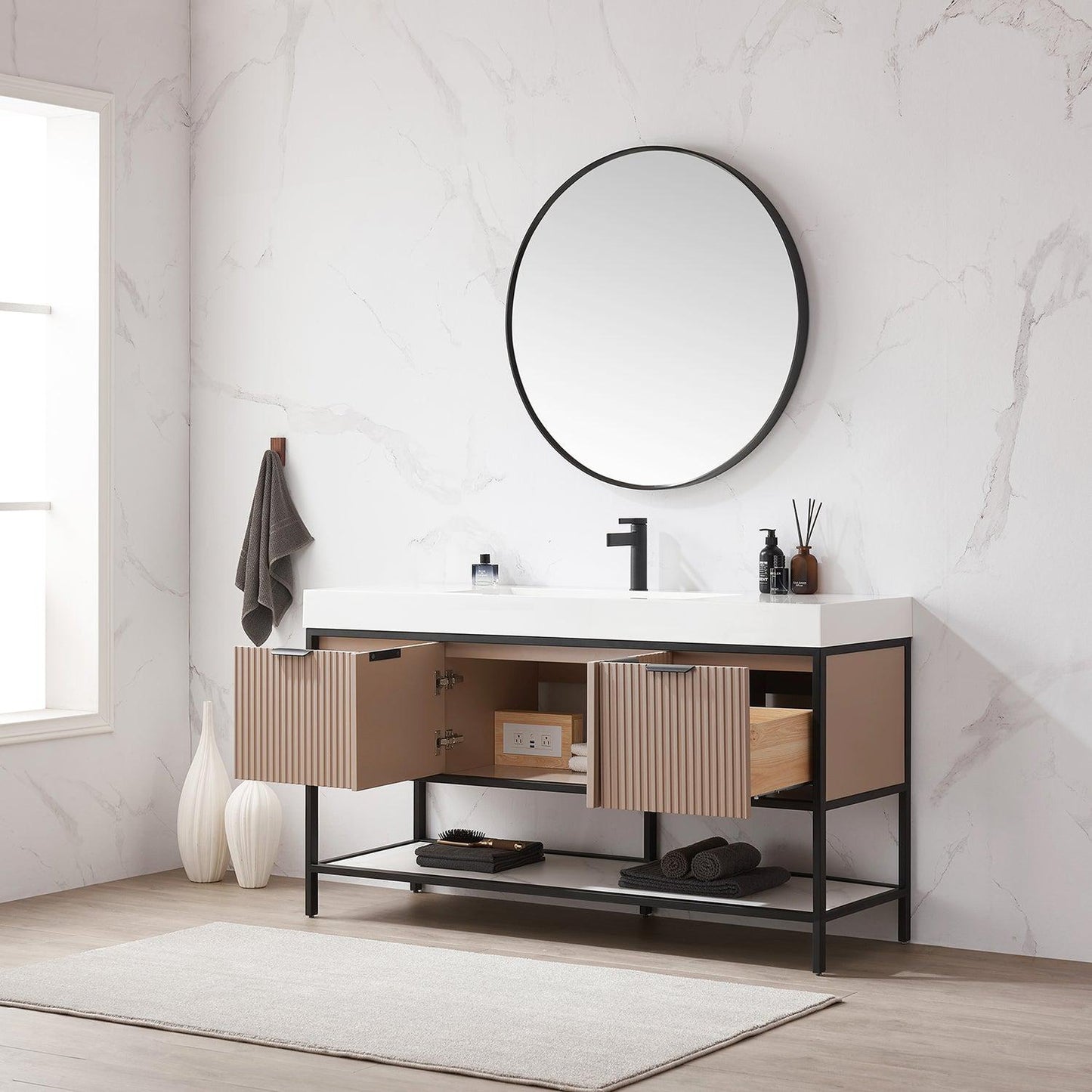 Vinnova Marcilla 60" Single Sink Bath Vanity In Almond Coffee With One-Piece Composite Stone Sink Top And Mirror