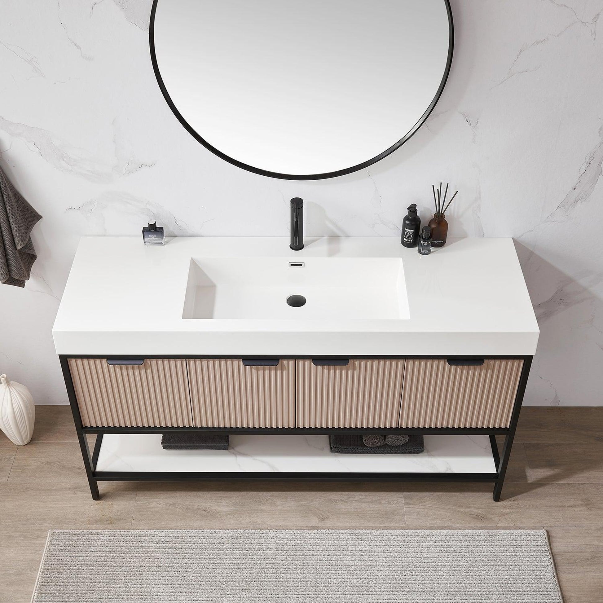 Vinnova Marcilla 60" Single Sink Bath Vanity In Almond Coffee With One-Piece Composite Stone Sink Top And Mirror