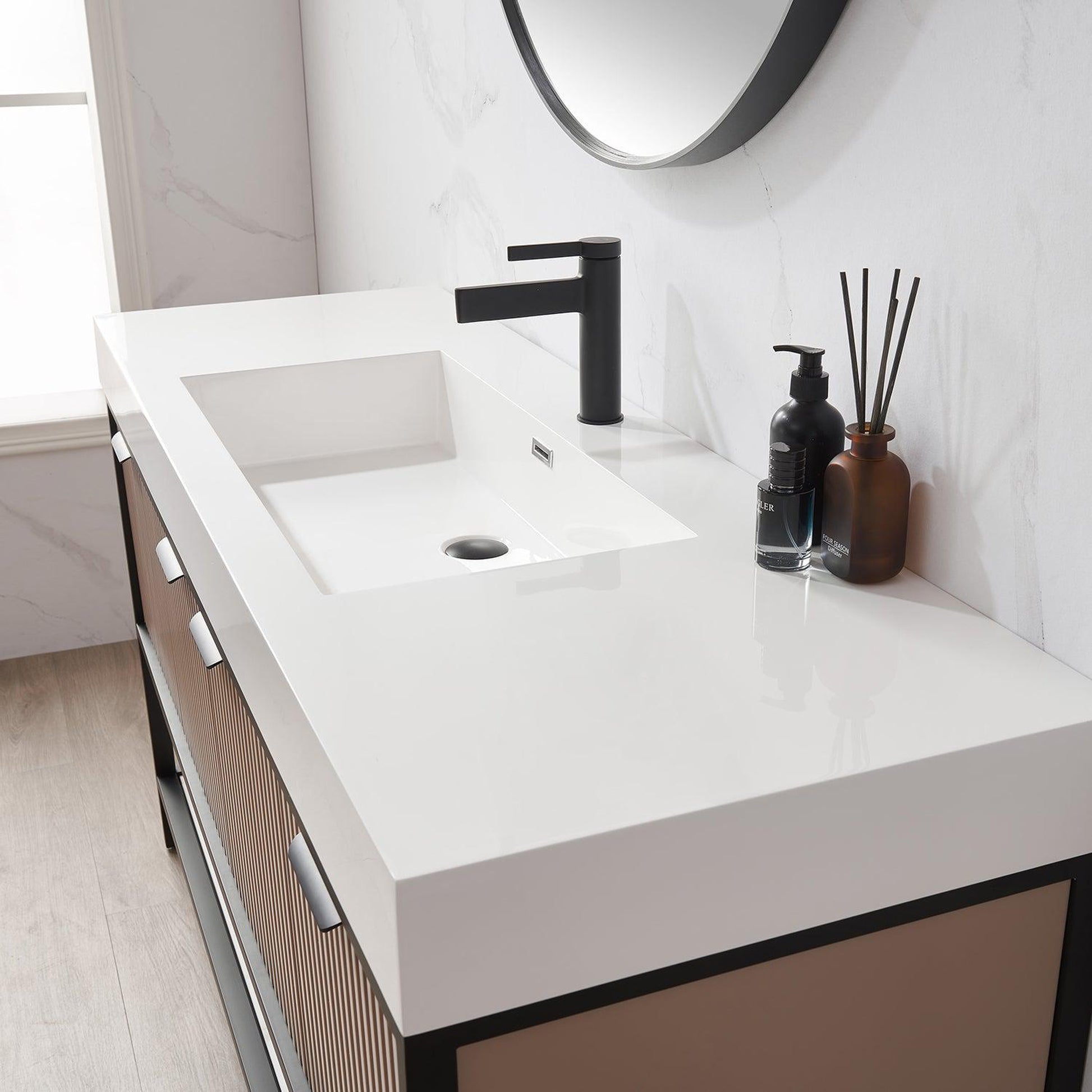 Vinnova Marcilla 60" Single Sink Bath Vanity In Almond Coffee With One-Piece Composite Stone Sink Top And Mirror