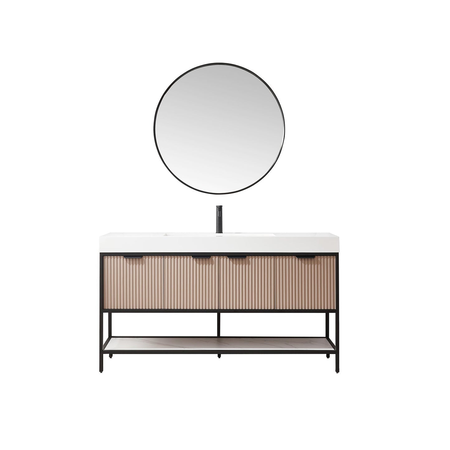 Vinnova Marcilla 60" Single Sink Bath Vanity In Almond Coffee With One-Piece Composite Stone Sink Top And Mirror