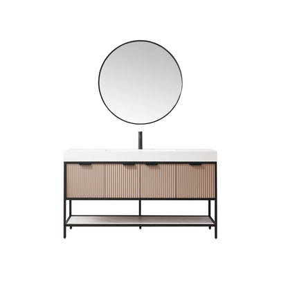 Vinnova Marcilla 60" Single Sink Bath Vanity In Almond Coffee With One-Piece Composite Stone Sink Top And Mirror