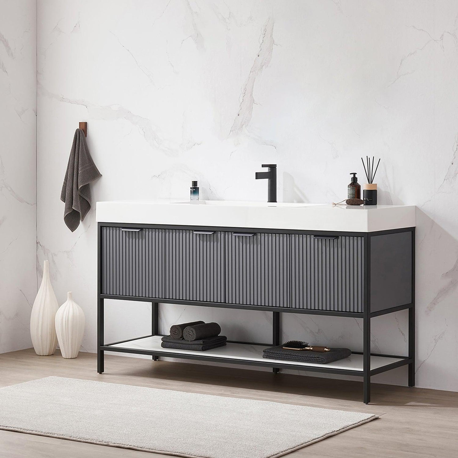 Vinnova Marcilla 60" Single Sink Bath Vanity In Grey With One-Piece Composite Stone Sink Top