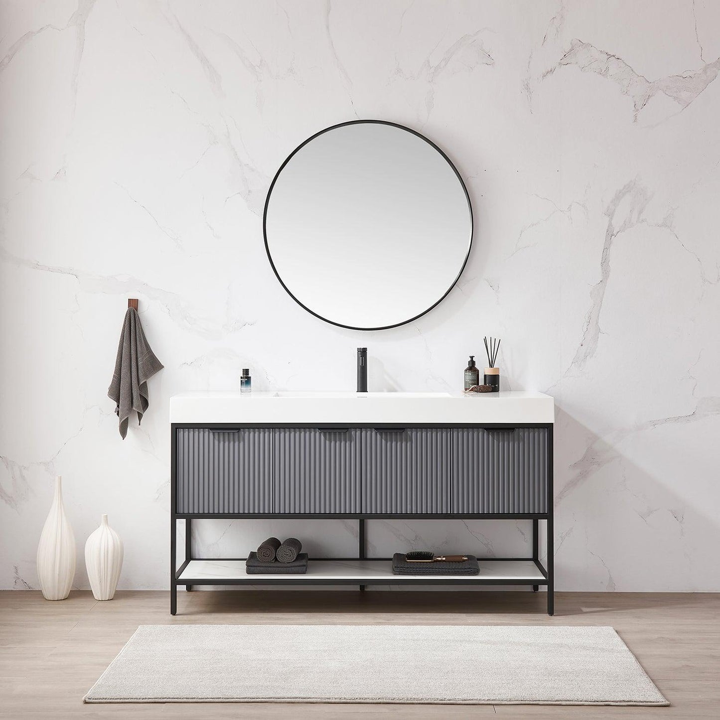 Vinnova Marcilla 60" Single Sink Bath Vanity In Grey With One-Piece Composite Stone Sink Top And Mirror