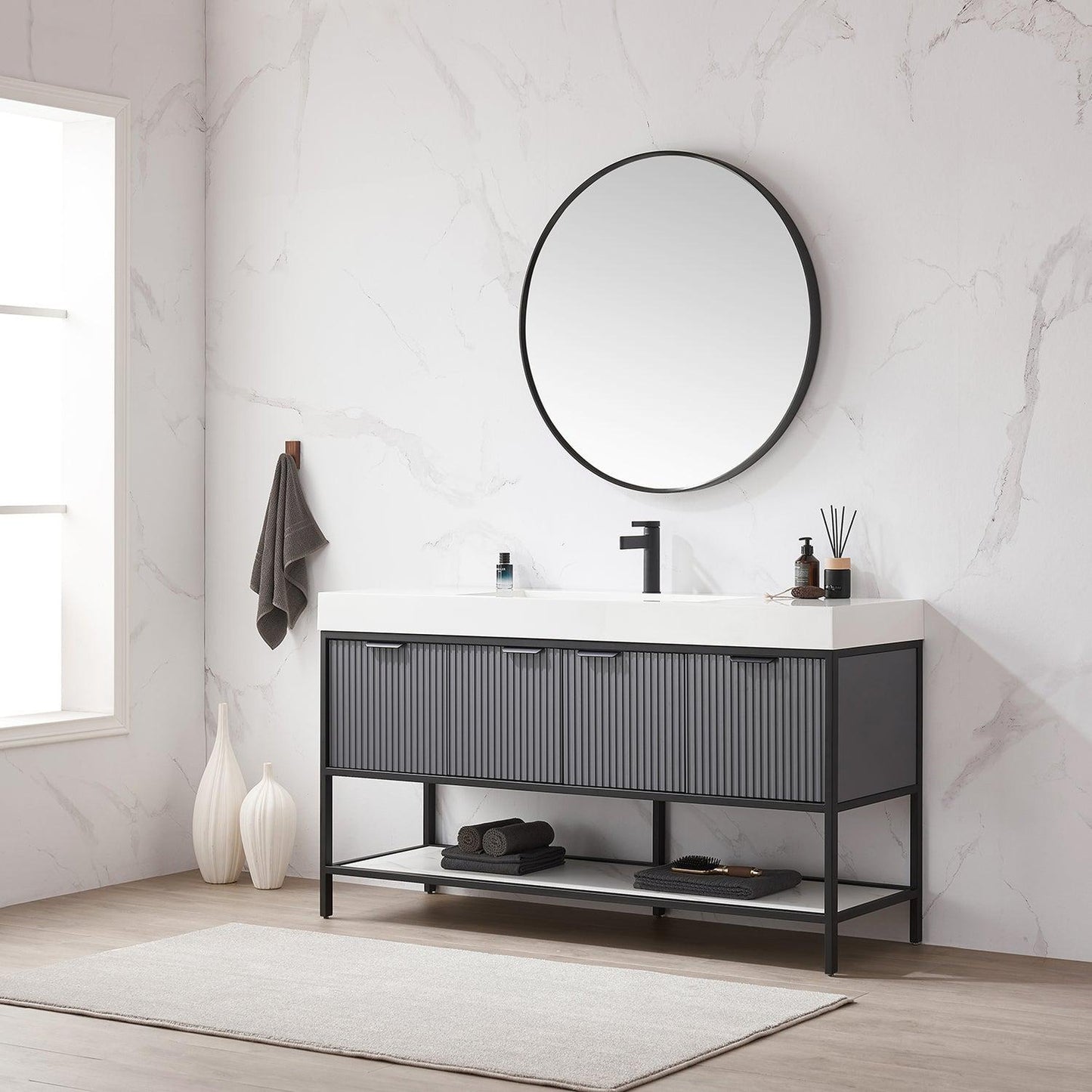 Vinnova Marcilla 60" Single Sink Bath Vanity In Grey With One-Piece Composite Stone Sink Top And Mirror